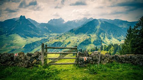 Landscape Spring Mountains Villages Green Grass Field Fence Cloudy Sky