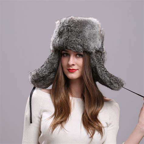 Warm Bomber Hat Real Rabbit Fur Cap Earflap Trapper Russian Cap Winter