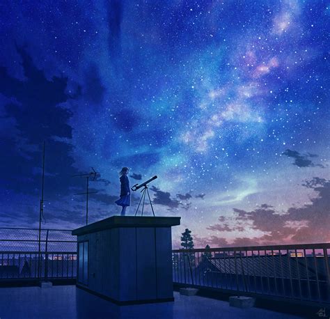 Download Girl On Rooftop Anime Night Sky Wallpaper