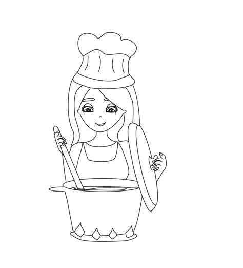 Beautiful Girl Cooking Soup Doodle Illustration Girl Dinner Isolated
