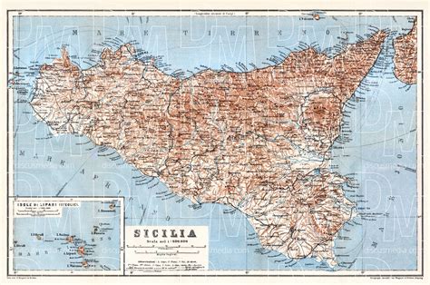 Old map of Sicilia (Sicily) with the Isle of Lipari in 1912. Buy vintage map replica poster ...