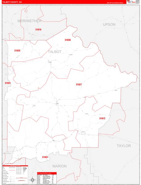 Talbot County Ga Zip Code Wall Map Red Line Style By Marketmaps Mapsales