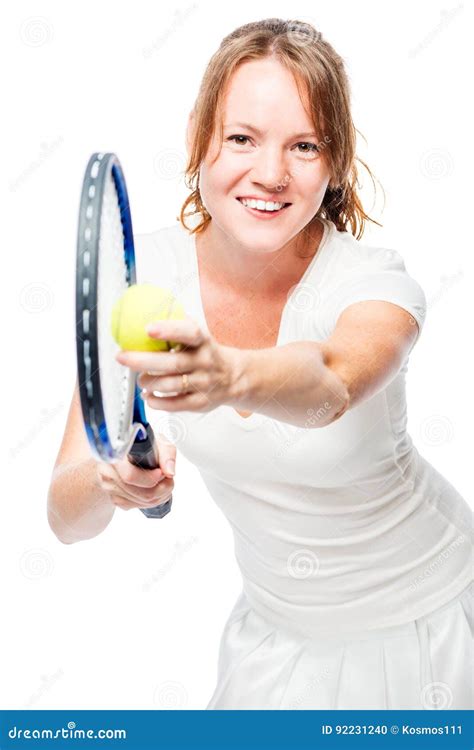 Red Haired Active Tennis Player In White Clothes Isolated Stock Photo