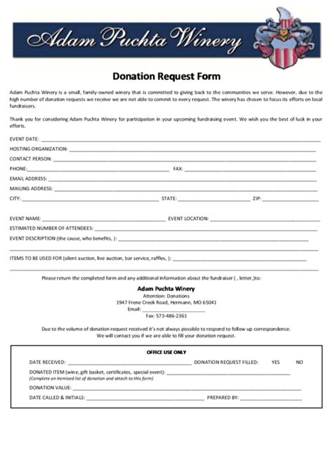 Fillable Adam Puchta Winery Donation Request Form Printable Pdf Download