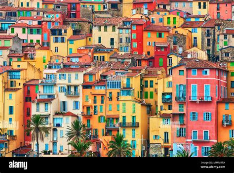 Colorful Houses In Old Part Of Menton French Riviera France Stock