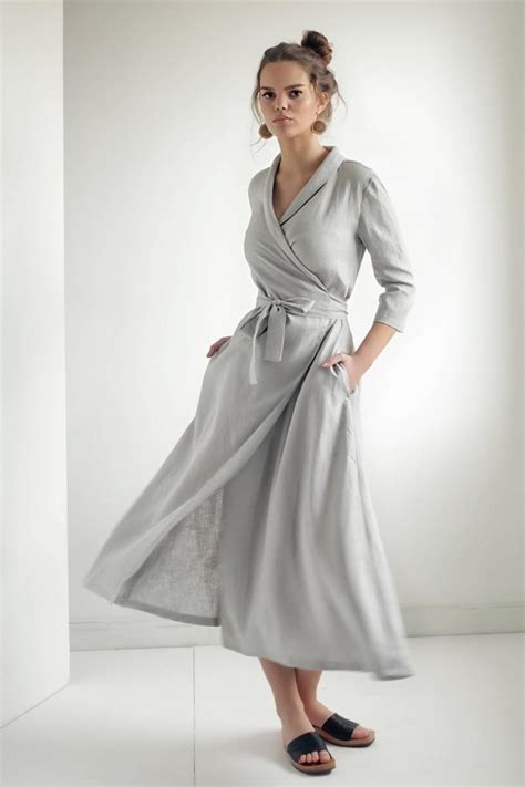 Linen Wrap Dress MARLENA Linen Dress Shawl Collar Linen Dress With