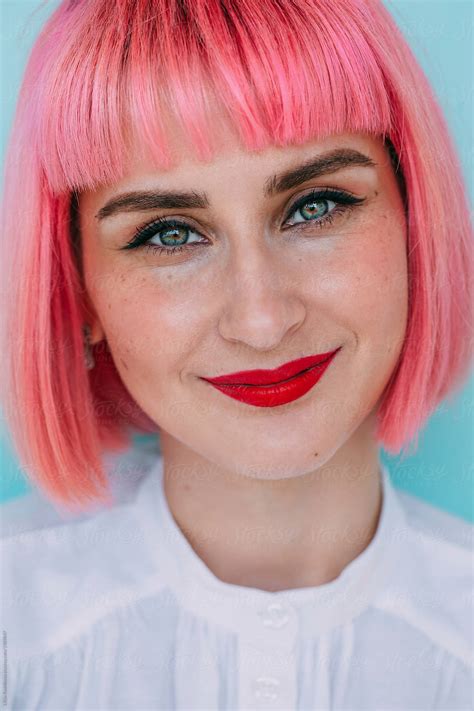 Colorful Portrait Of Young Woman Pink Hair And Red Lips Smiling