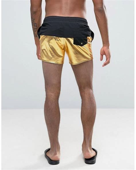 Asos Swim Shorts With Metallic Gold Panel In Short Length In Metallic For Men Lyst