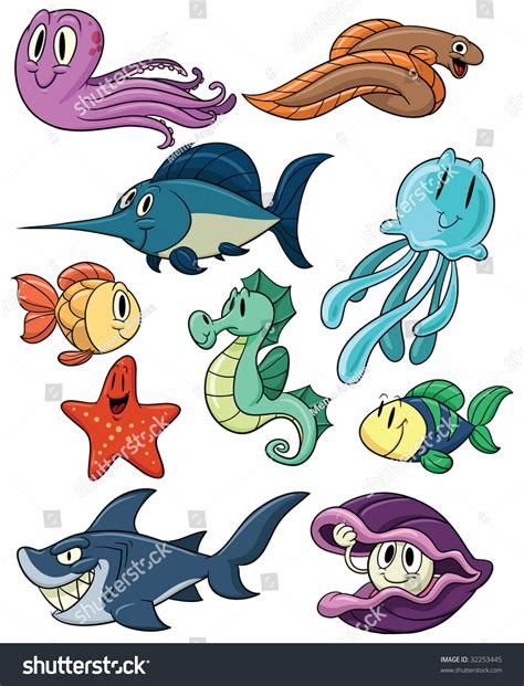 Cute Cartoon Sea Creatures All On Stock Vector 32253445