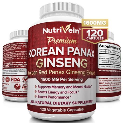 Nutrivein Pure Korean Red Panax Ginseng 1600mg 120 Vegan Capsules High Strength 5