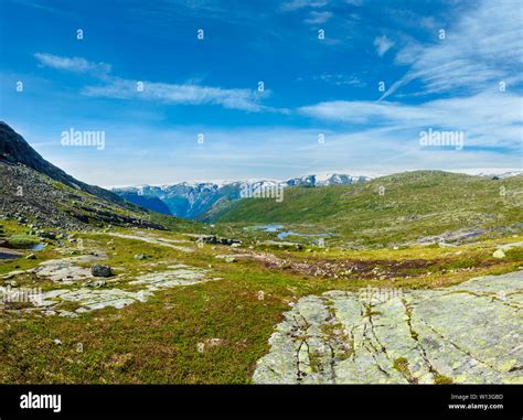 Summer Roldal Highlands Plateau Mountain Landscape With Small Lakes On