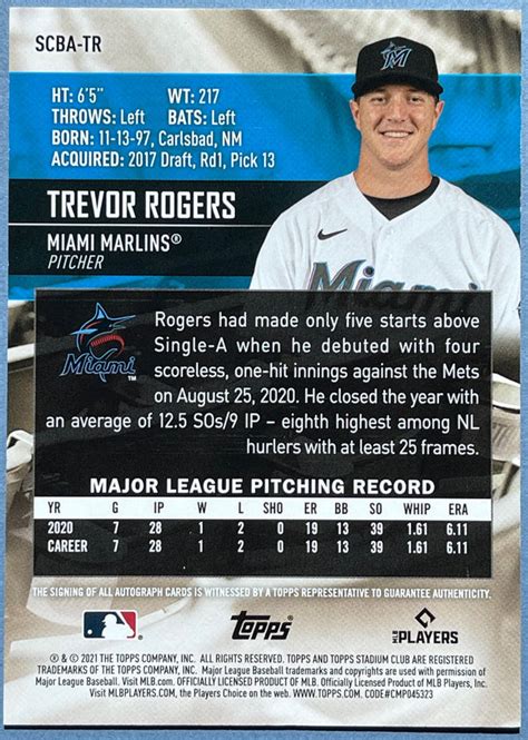 Trevor Rogers Autographed 2021 Topps Stadium Baseball Card Hollywood