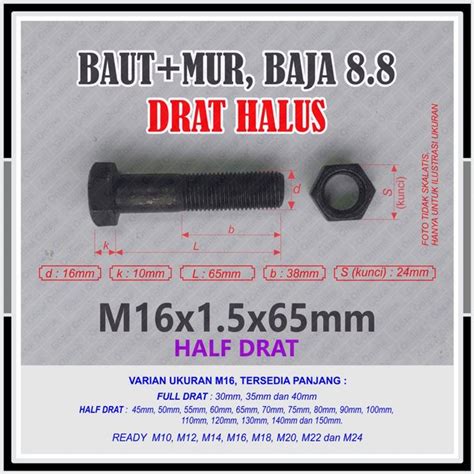 Jual Baut Mur Baja 88 M16 X65mm Drat Halus Pitch 15 Kunci 24 Half