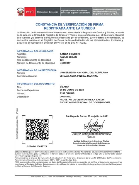 Constancia De Verificación De Firma Registrada Ante La Sunedu Pdf