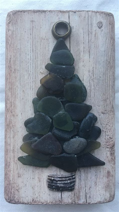 Original 3x5 Black Beach Glass Tree On Driftwood Antique White Paints Holiday Collection