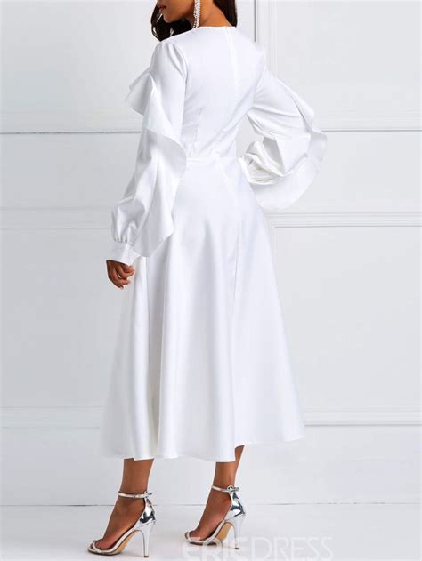 Ericdress Long Sleeve Ruffles A Line White Dresses Womens Maxi