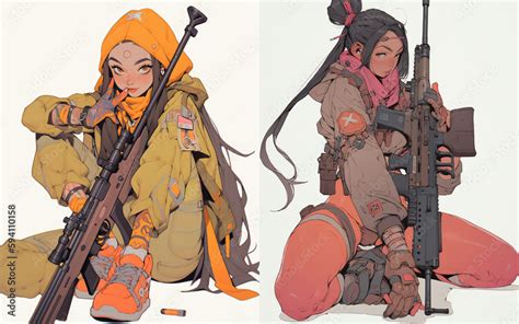 portrait of anime girls with sniper rifle military character design white background