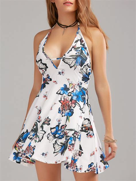White 2xl Backless Halter Neck Floral Mini Summer Dress