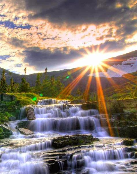 Sunrise And Beautiful Waterfall Beautiful Nature