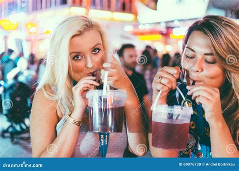 Sunny Beach Bulgaria August 29 2015 Party Girls On The Flower Street Drink Cocktails