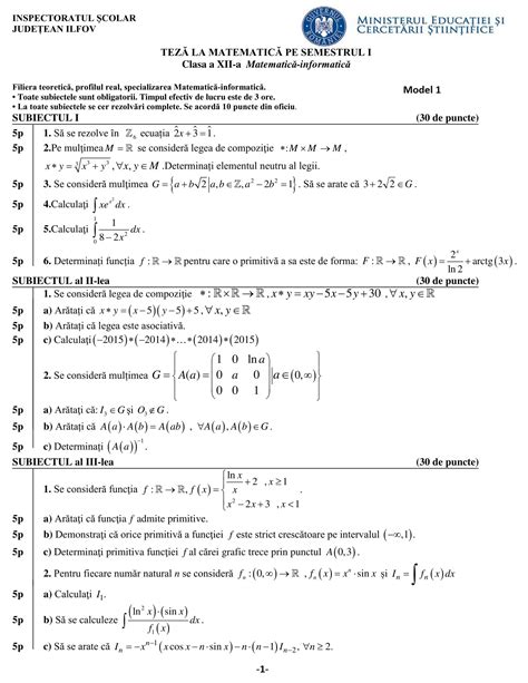 Modele Teză Matematică Clasa A 12 A M1 Mate Info Semestrul 1 Bareme