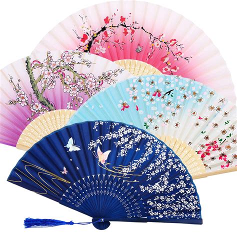 4 Pieces Folding Fans Handheld Fans Bamboo Fans With Tassel Womens