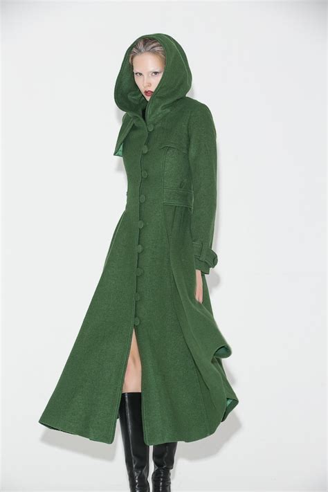Long Wool Coat Hooded Swing Coat Hooded Wool Coat In Green Etsy