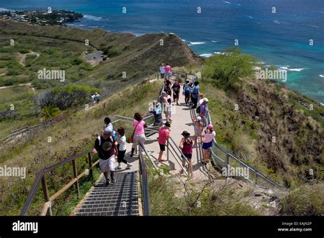 Hikers On Diamond Head Crater Trail In Honolulu Hawaii Stock Photo