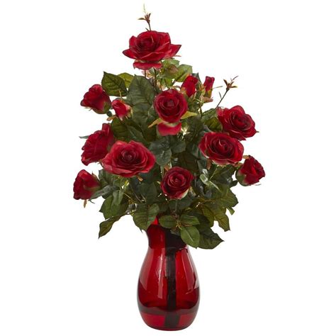 Nearly Natural Indoor Garden Rose Artificial Arrangement In Red Vase