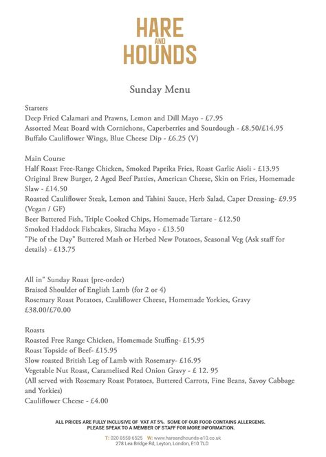 Menu At The Hare And Hounds Pub And Bar London 278 Lea Bridge Rd