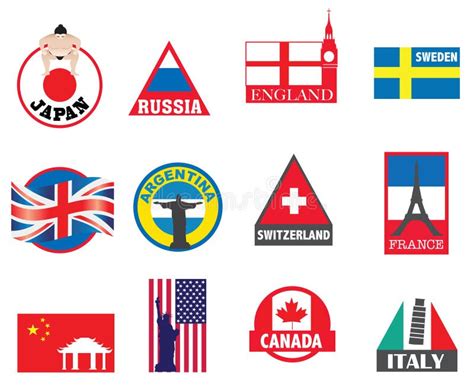 Country Symbols Flags And Sticker Designs Stock Vector Illustration