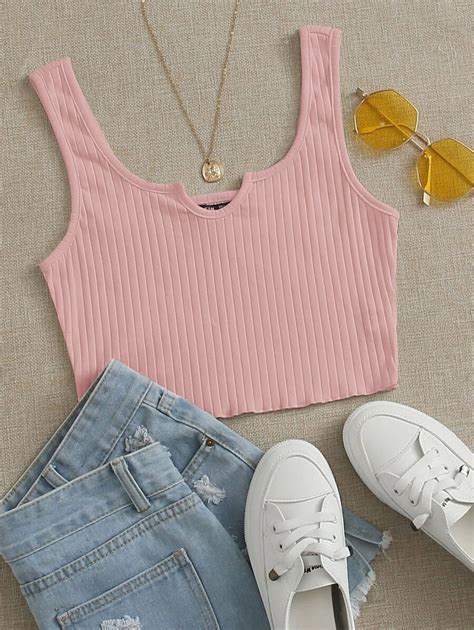 SHEIN Notched Neck Rib Knit Crop Tank Top Knitted Crop Tank Top Crop Top Outfits Cute Casual