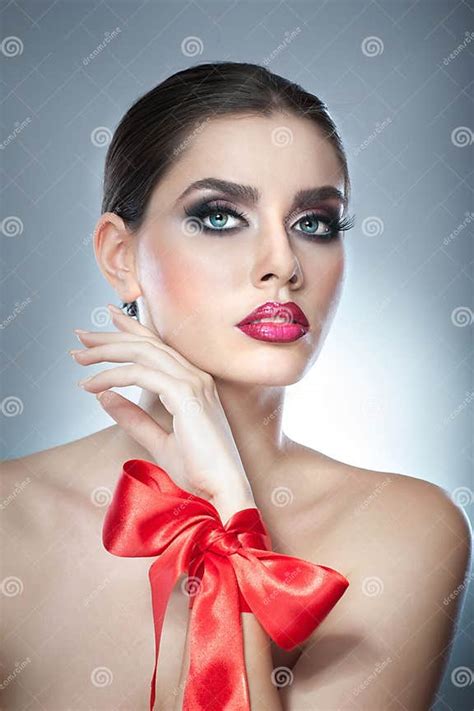 Hairstyle And Make Up Beautiful Female Art Portrait With Red Ribbon Elegance Stock Image
