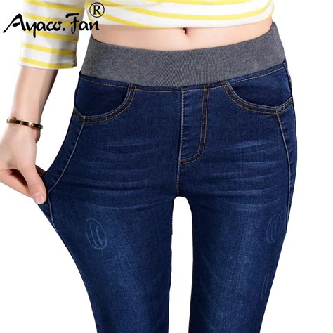 2018 women s jeans new female casual elastic waist stretch jeans plus size 38 slim denim long