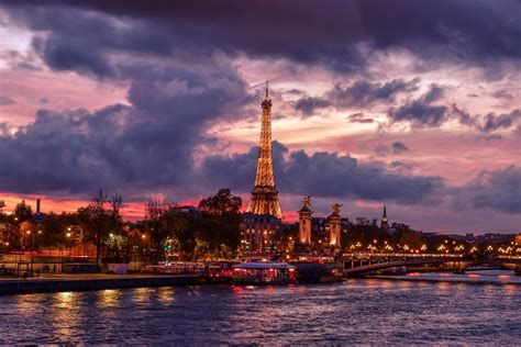 Download Monument River Cloud Night France Paris Man Made Eiffel Tower