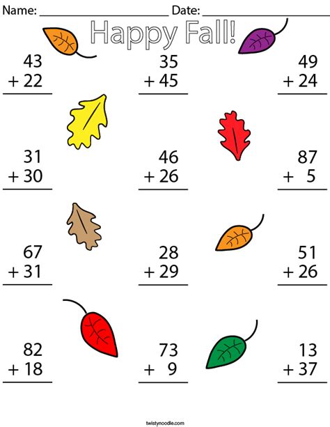 Fall Double Digit Addition Math Worksheet Twisty Noodle