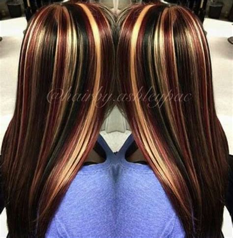 Have you ever tried the highlights on your hair？the suitable highlights will enhance much fresh and charming factors to your hair and light up any. Black hair with chunky red and blonde highlights | Hair ...