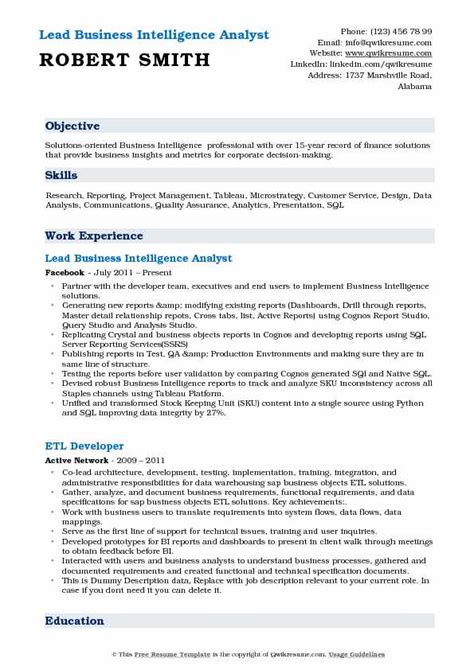 Looking for a perfect cv? Business Intelligence Analyst Resume Samples | QwikResume