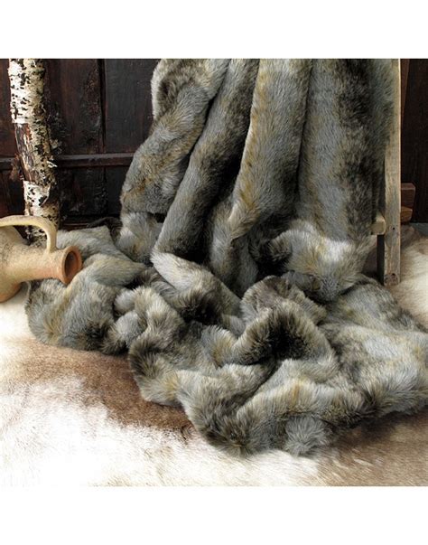 Grey Wolf Faux Fur Throw Large Grey Fur Bedspread Sofa Throw