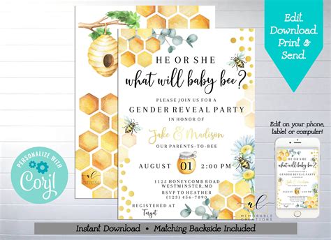Honey Bee Gender Reveal Party Printable Invitation Edit Etsy In 2020 Bee Invitations Honey