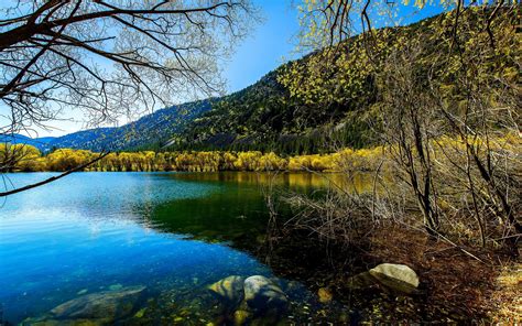 Fall Lake Stones Trees With Yellow Leaves Hills With Pine Forest