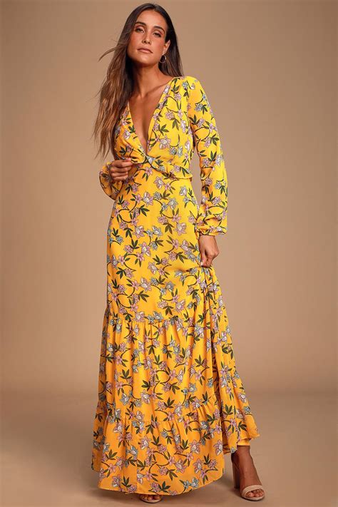 Thrive Together Yellow Floral Print Long Sleeve Maxi Dress Maxi Dress