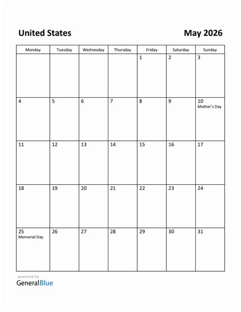 Free Printable May 2026 Calendar For United States