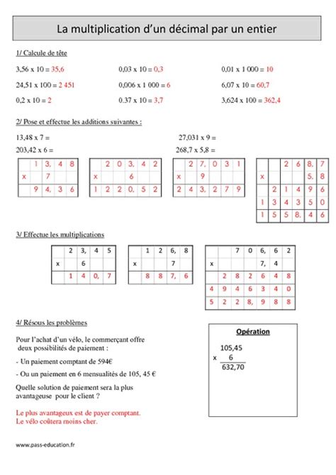 Multiplication Dun Décimal Par Un Nombre Entier Cm1 Exercices
