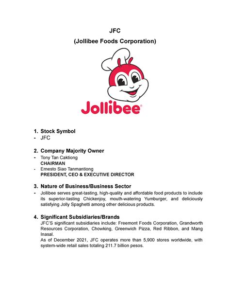 Jfc Financial Management Jfc Jollibee Foods Corporation 1 Stock
