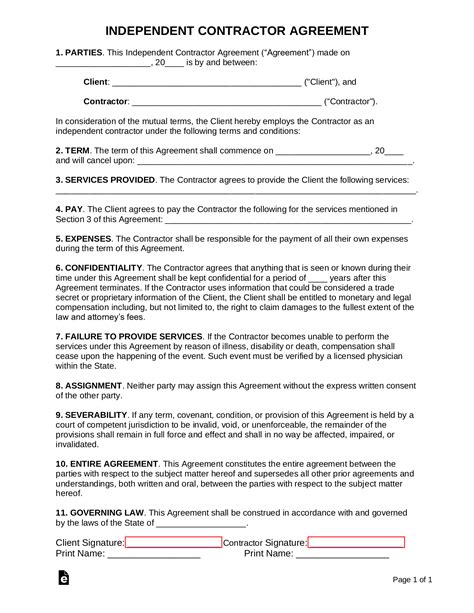 Free One 1 Page Independent Contractor Agreement Pdf Word Eforms