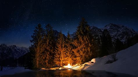 Free Download Hd Wallpaper Starry Sky Nature Winter Snow Forest