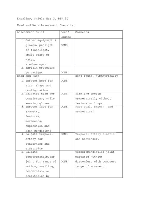 Head And Neck Assessment Checklist To Emralino Shiela Mae G Bsn 1c