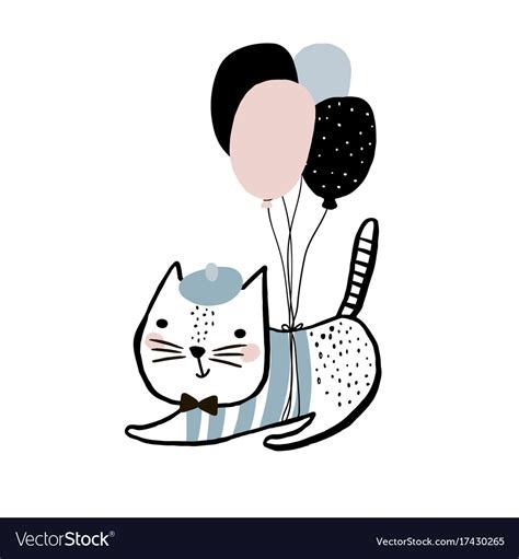 Cute Cat With Balloons Hand Drawn Royalty Free Vector Image