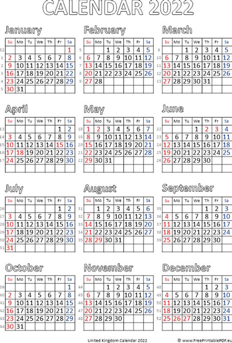 Calendar 2022 United Kingdom Pdf Free Printable Pdf